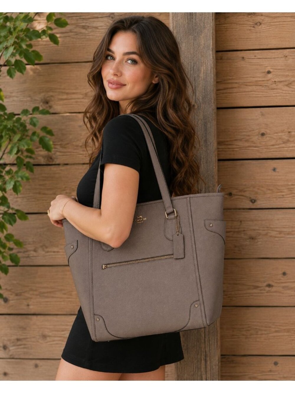 Coach Mickie 18x14 Zipper Pebbled Leather Tote Metallic Taupe Gold Hardware - Picture 1 of 16
